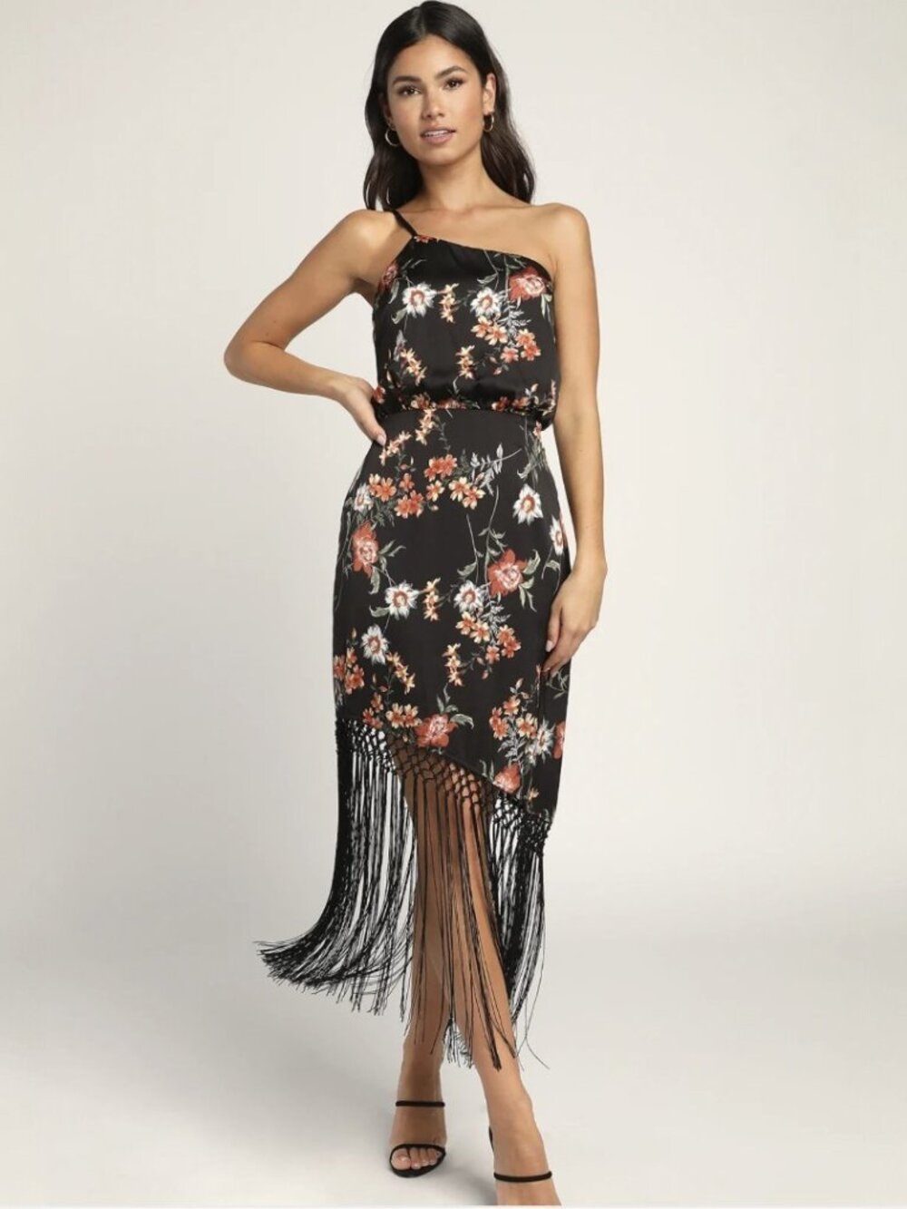 Lulus Let's Be Fringe Black Floral Print Satin One-Shoulder Midi Dress NWT